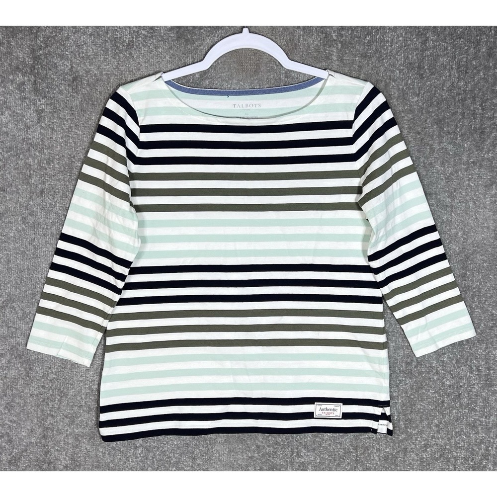 Talbots Petite Top Womens Size SP Striped Cotton 3/4 Sleeve Boat Neck Shirt